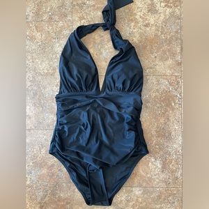 Beautiful Black Halter Top w Stomach Ruching one piece swim suit. Size M